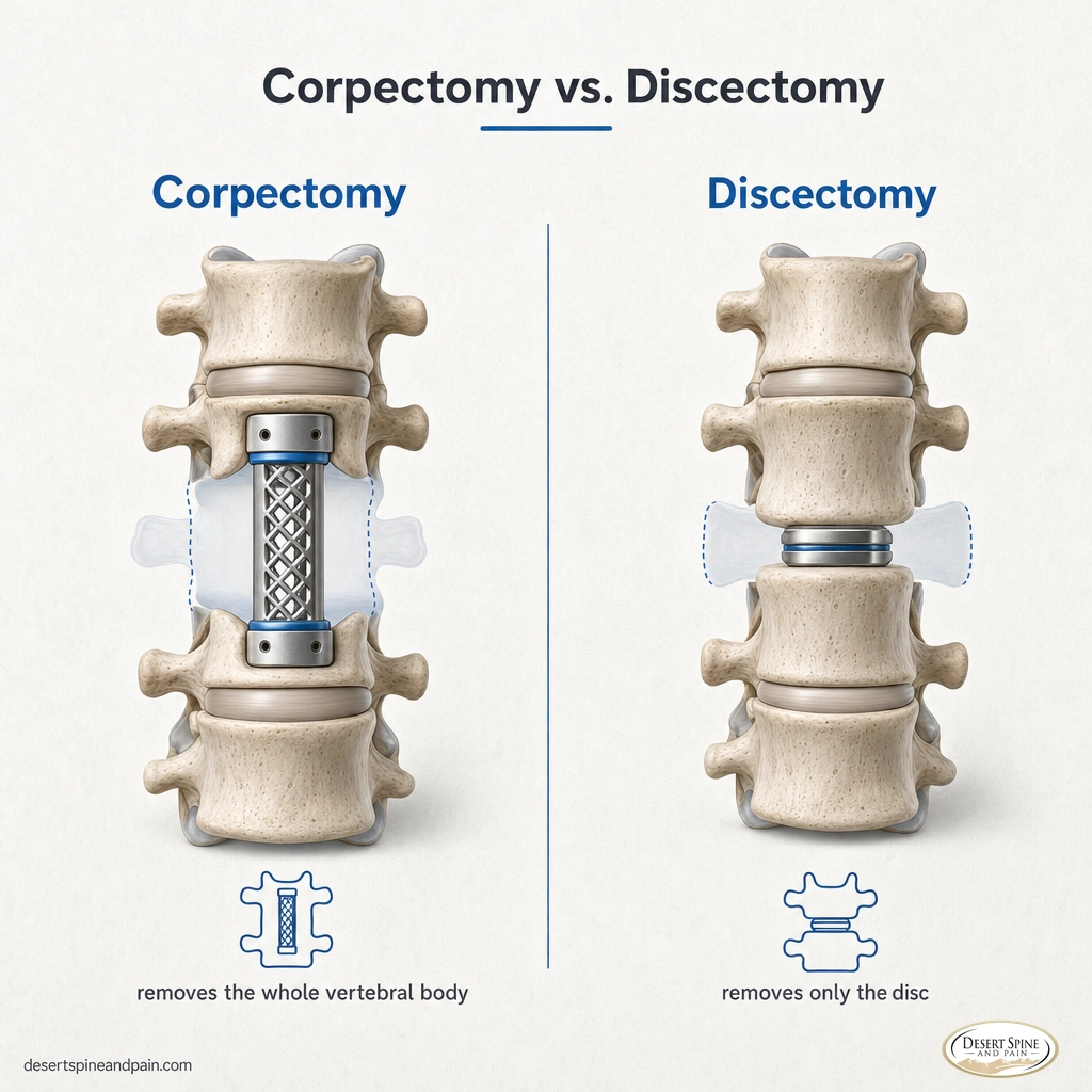 Side-by-side diagram comparing a corpectomy removing a vertebral body to a discectomy removing only a disc