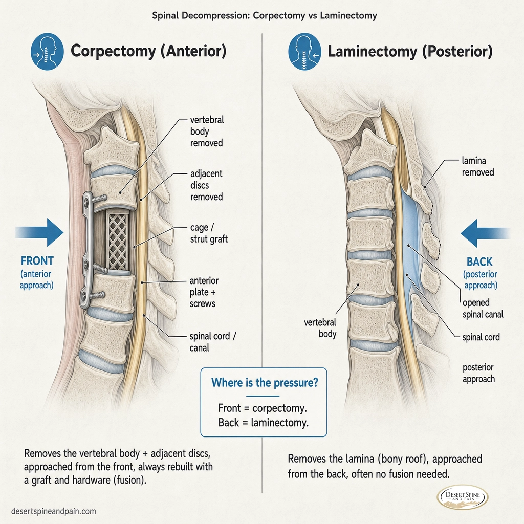 Infographic comparing corpectomy (removing the vertebral body from the front) and laminectomy (removing the lamina from the back)