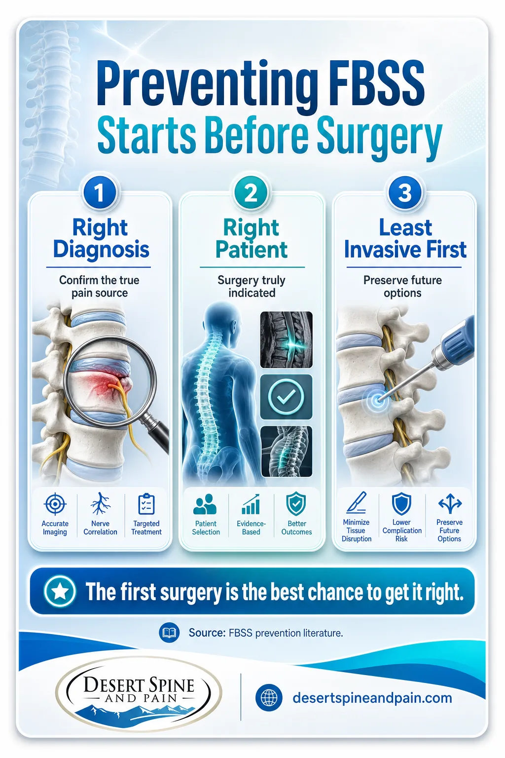 Three-pillar infographic showing FBSS prevention through diagnosis, patient selection, and least-invasive care Three-pillar infographic showing FBSS prevention through diagnosis, patient selection, and least-invasive care