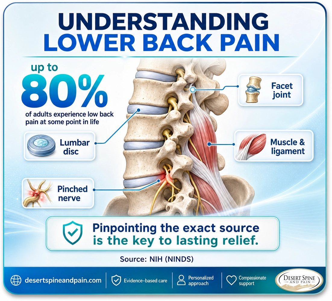 Lower back pain: up to 80 percent of adults experience it at some point; common sources are the lumbar disc, facet joint, muscle and ligament, and pinched nerve