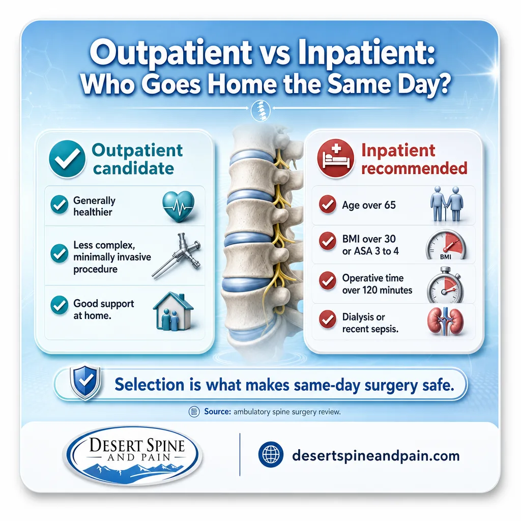 Two-column infographic comparing outpatient candidates and inpatient-recommended spine surgery patients Two-column infographic comparing outpatient candidates and inpatient-recommended spine surgery patients