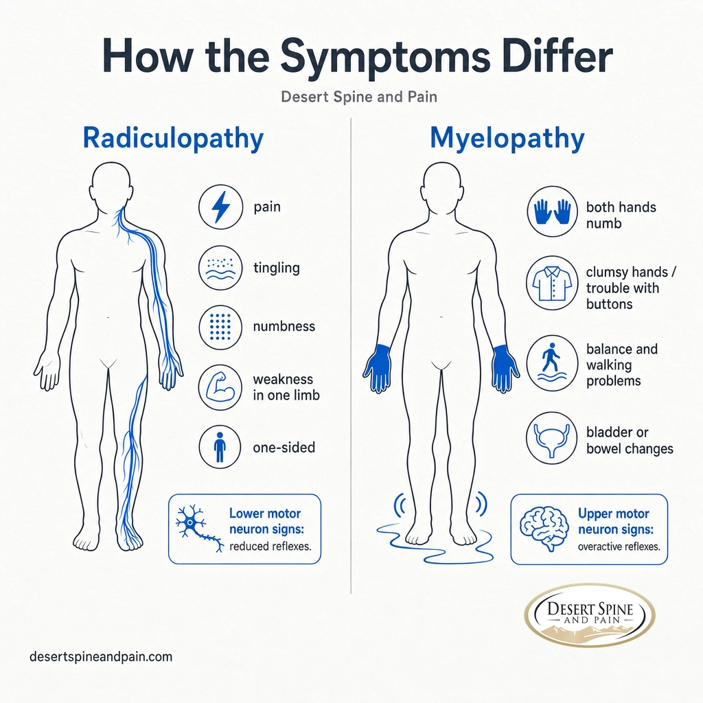 Infographic contrasting one-sided radiculopathy symptoms with whole-body myelopathy symptoms Infographic contrasting one-sided radiculopathy symptoms with whole-body myelopathy symptoms
