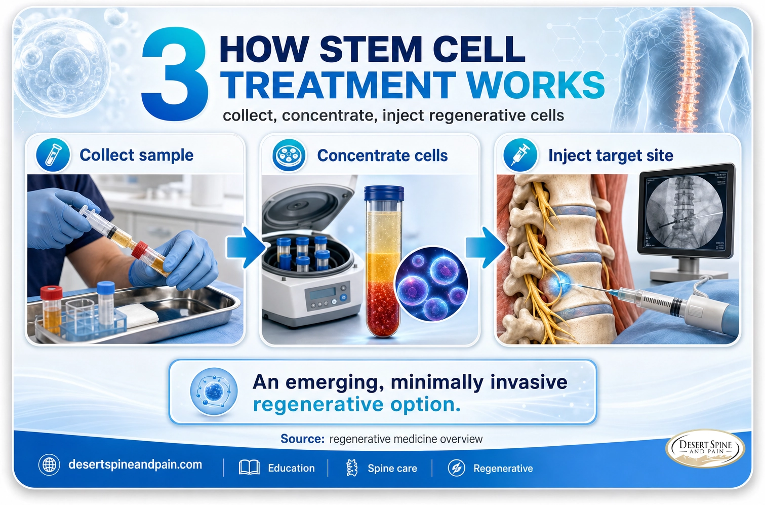 Stem cell treatment: an emerging, minimally invasive regenerative option in which cells are collected, concentrated, and injected at the target site