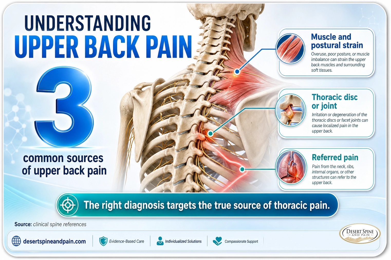 Upper back pain: three common sources are muscle and postural strain, a thoracic disc or joint, and referred pain