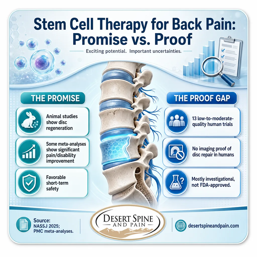Split infographic contrasting the promise of stem cell back pain therapy with the gaps in human clinical proof