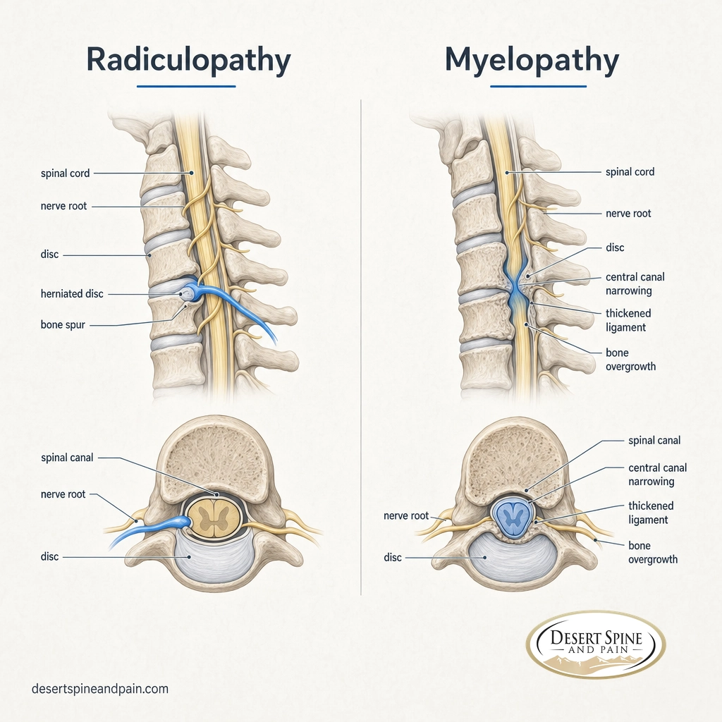 Anatomy infographic comparing a pinched cervical nerve root in radiculopathy with spinal cord compression in myelopathy