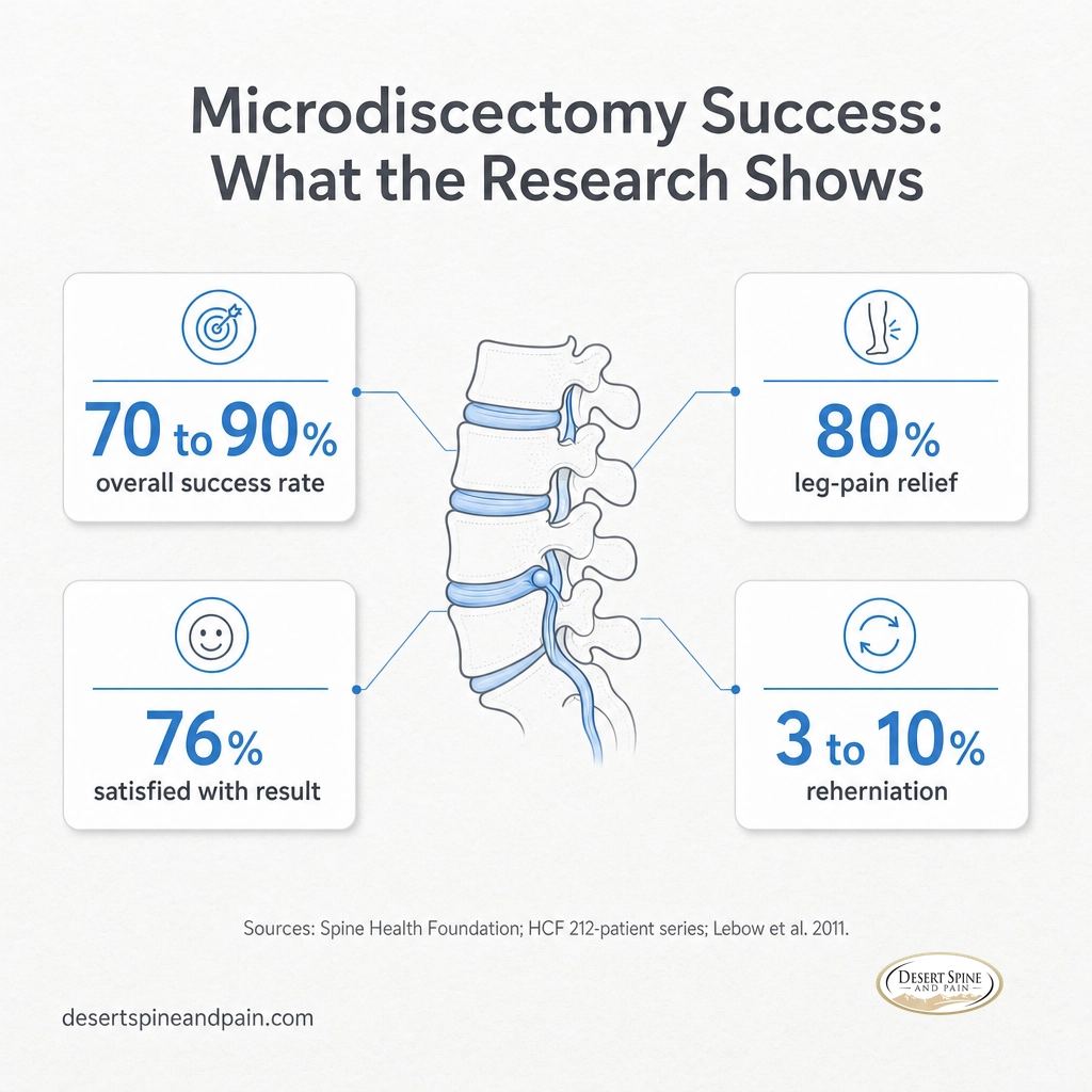 Infographic showing microdiscectomy success 70 to 90 percent, leg-pain relief 80 percent, satisfaction 76 percent, reherniation 3 to 10 percent