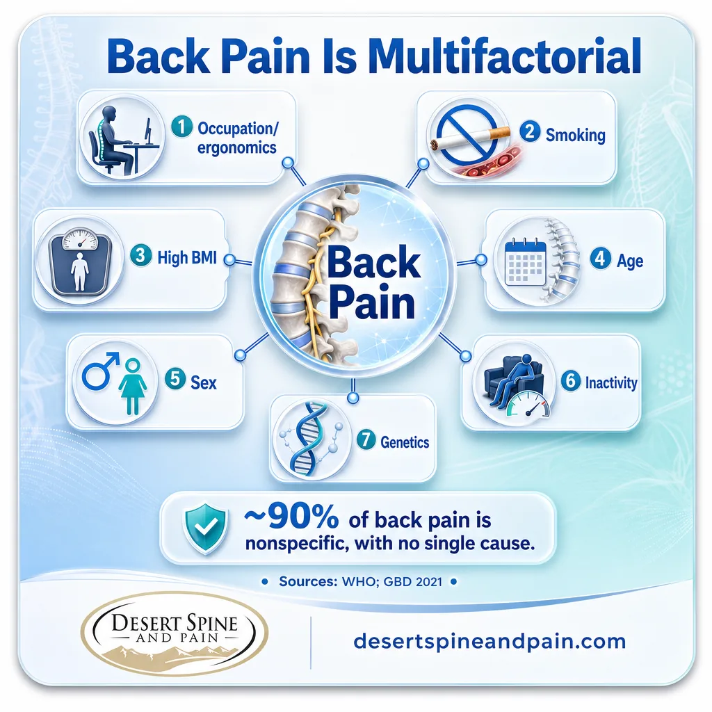 Infographic showing back pain as multifactorial with occupation, smoking, BMI, age, sex, and inactivity as factors Infographic showing back pain as multifactorial with occupation, smoking, BMI, age, sex, and inactivity as factors