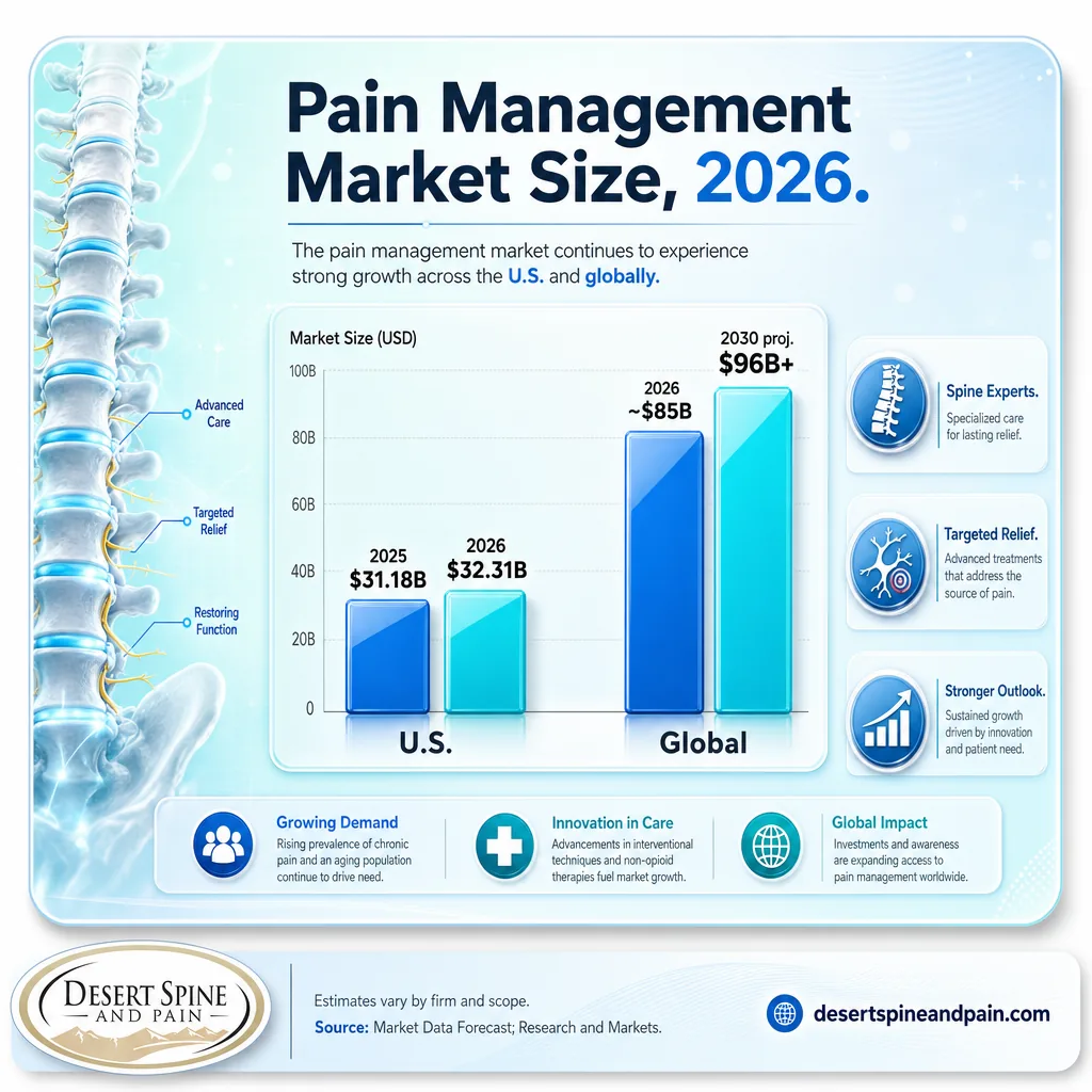 Bar chart showing U.S. pain management market at $32.31B in 2026 and global market around $85B growing to $96B by 2030 Bar chart showing U.S. pain management market at $32.31B in 2026 and global market around $85B growing to $96B by 2030