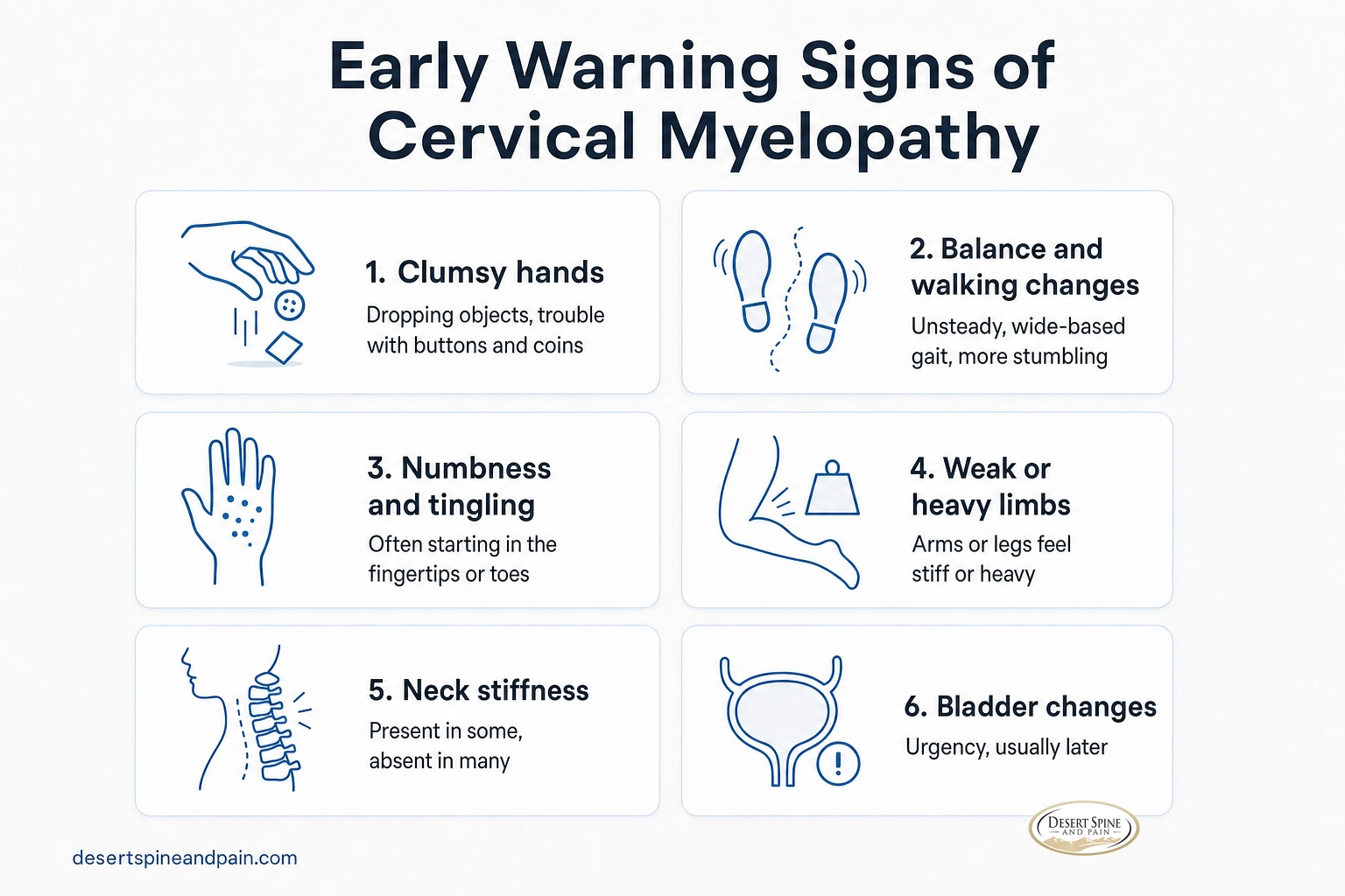 Infographic of early cervical myelopathy symptoms: clumsy hands, balance and walking changes, numbness, weakness, neck stiffness, bladder changes Infographic of early cervical myelopathy symptoms: clumsy hands, balance and walking changes, numbness, weakness, neck stiffness, bladder changes