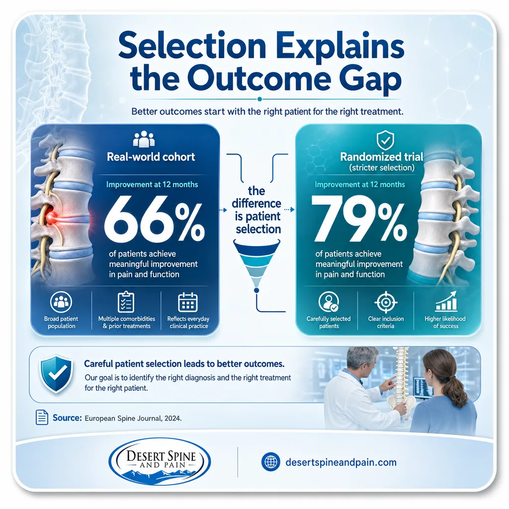 Split infographic showing 66 percent real-world versus 79 percent trial microdiscectomy success Split infographic showing 66 percent real-world versus 79 percent trial microdiscectomy success