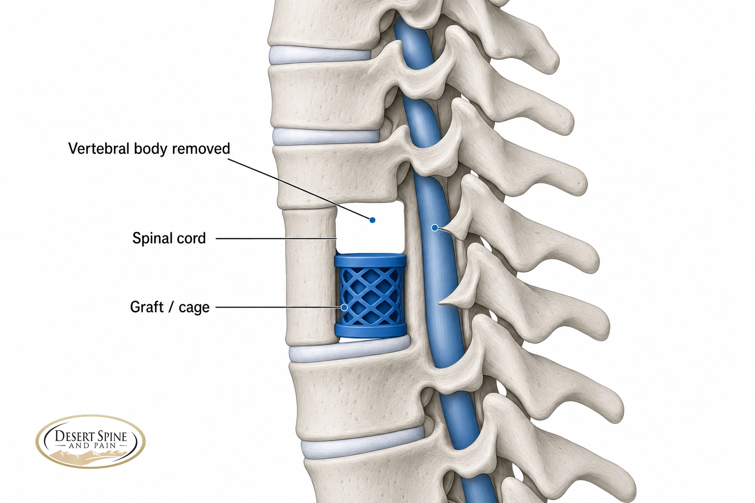 Cervical spine diagram showing a vertebral body removed and a graft placed to decompress the spinal cord