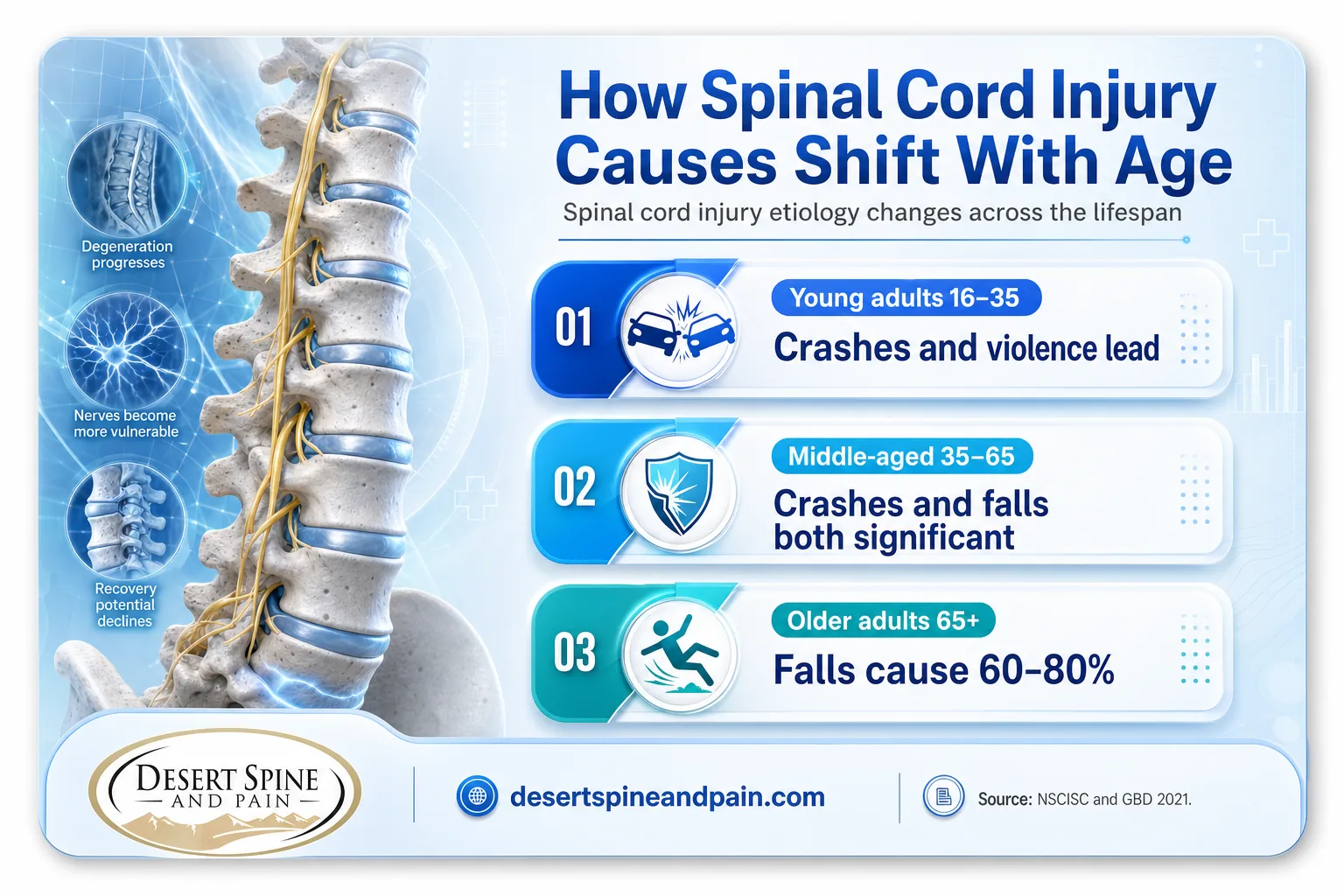 Infographic showing SCI causes shift with age: crashes in young adults, falls dominate at 65 plus