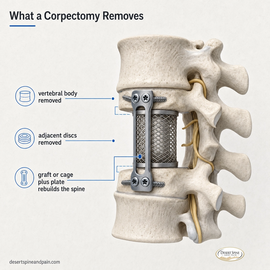 Diagram showing a whole vertebral body and two discs removed in a corpectomy and replaced with a cage and plate