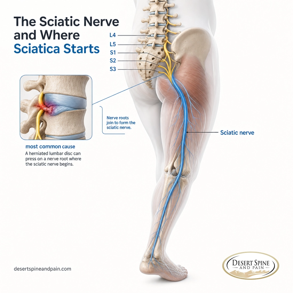 Diagram of the L4-S3 nerve roots forming the sciatic nerve down the leg, with a herniated disc pressing on a root Diagram of the L4-S3 nerve roots forming the sciatic nerve down the leg, with a herniated disc pressing on a root