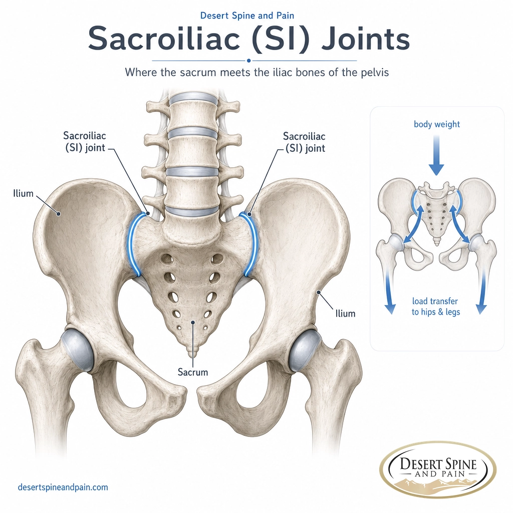 Anatomical diagram of the sacroiliac joints between the sacrum and pelvis and how they transfer body weight