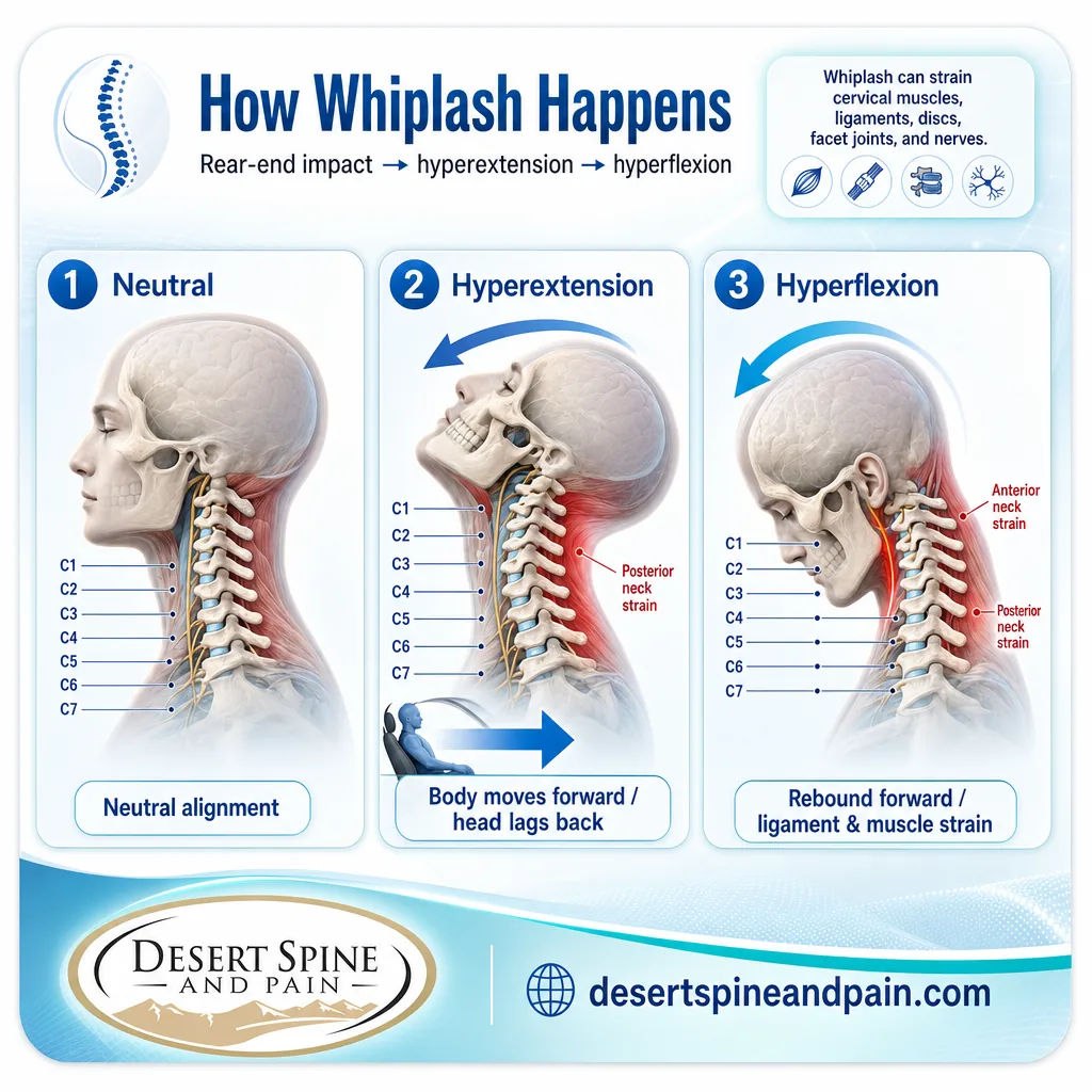 Medical diagram showing whiplash mechanism with cervical spine hyperextension and hyperflexion