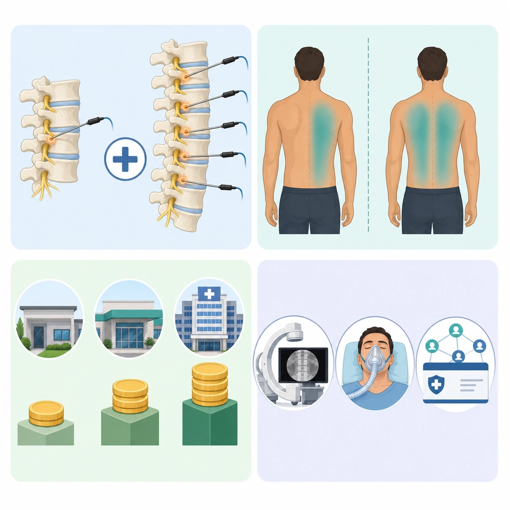 Infographic of four RFA cost factors: number of levels, one vs both sides, setting, and imaging or sedation