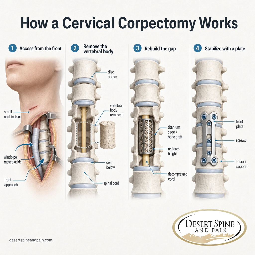 Four-step diagram of an anterior cervical corpectomy: access, remove vertebra, graft, and plate fixation