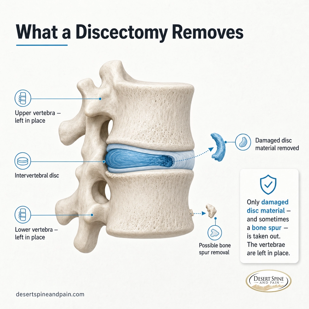 Diagram showing a single spinal disc removed from between two intact vertebrae during a discectomy