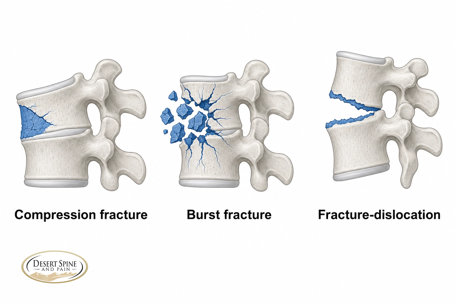 Diagram of three spinal fracture types: compression fracture, burst fracture, and fracture-dislocation