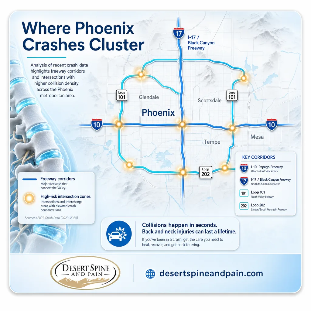 Map of Phoenix showing major crash corridors I-10, I-17, Loop 101, and Loop 202 Map of Phoenix showing major crash corridors I-10, I-17, Loop 101, and Loop 202