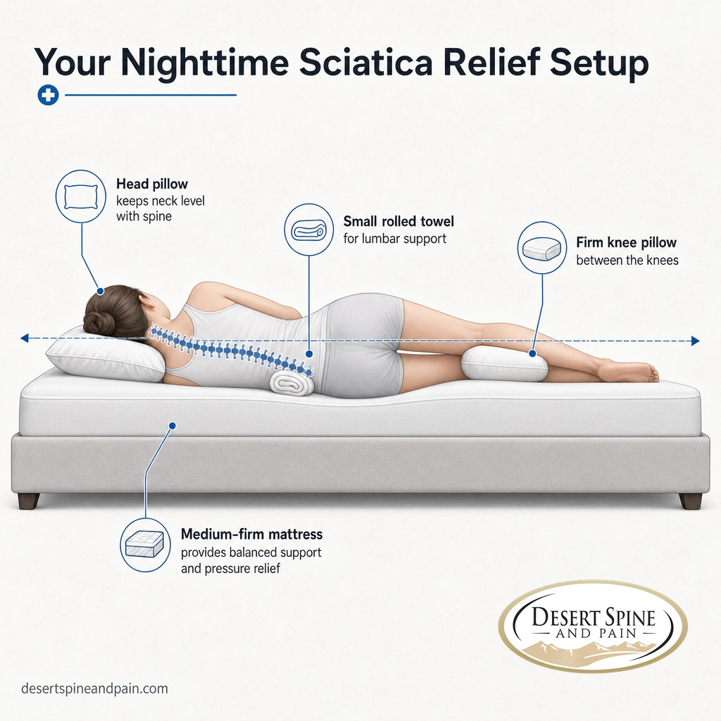 Infographic of a sciatica-friendly bed setup with medium-firm mattress, head pillow, knee pillow, and lumbar towel Infographic of a sciatica-friendly bed setup with medium-firm mattress, head pillow, knee pillow, and lumbar towel