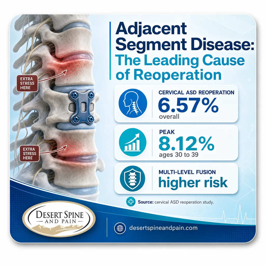 Infographic showing adjacent segment disease as the leading cause of fusion reoperation with rates