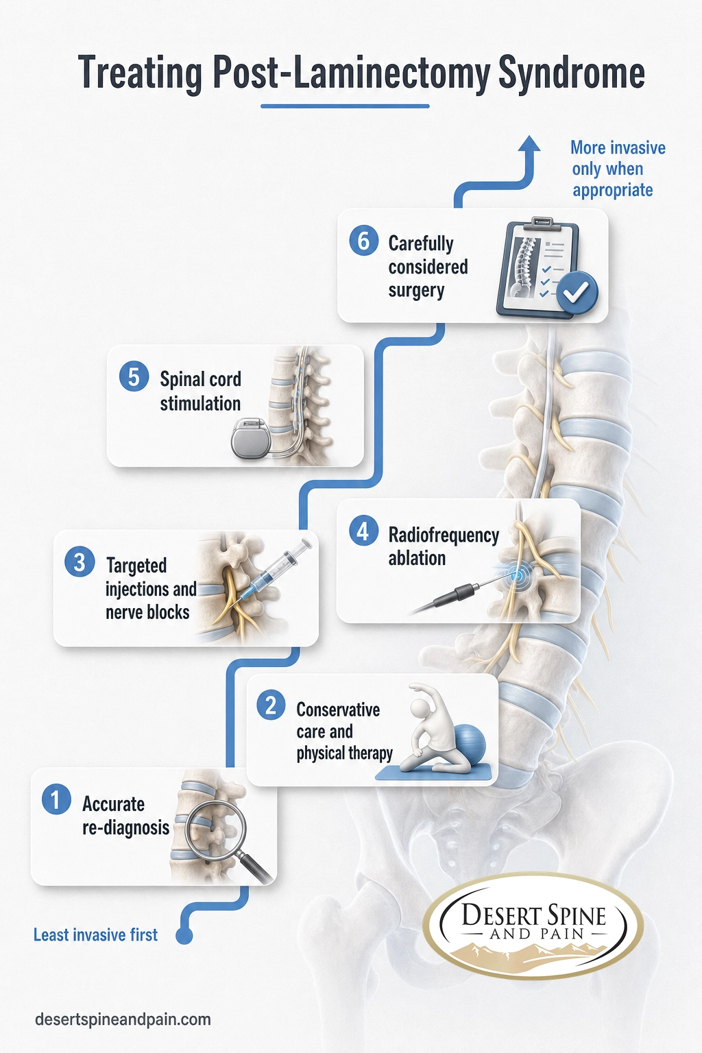 Treatment ladder for post-laminectomy syndrome from re-diagnosis and conservative care to spinal cord stimulation and surgery