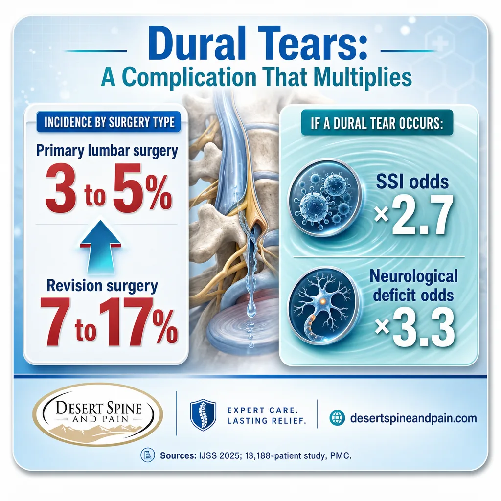 Infographic showing dural tear rates in primary versus revision surgery and associated complication odds