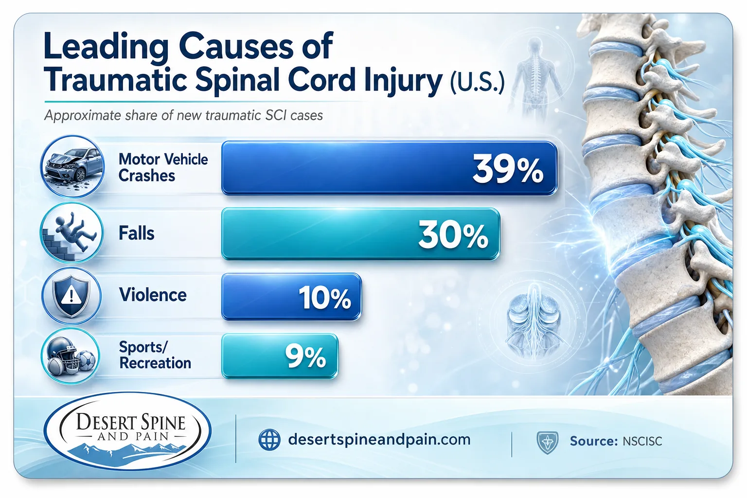 Bar chart of leading causes of traumatic spinal cord injury with motor vehicle crashes highest
