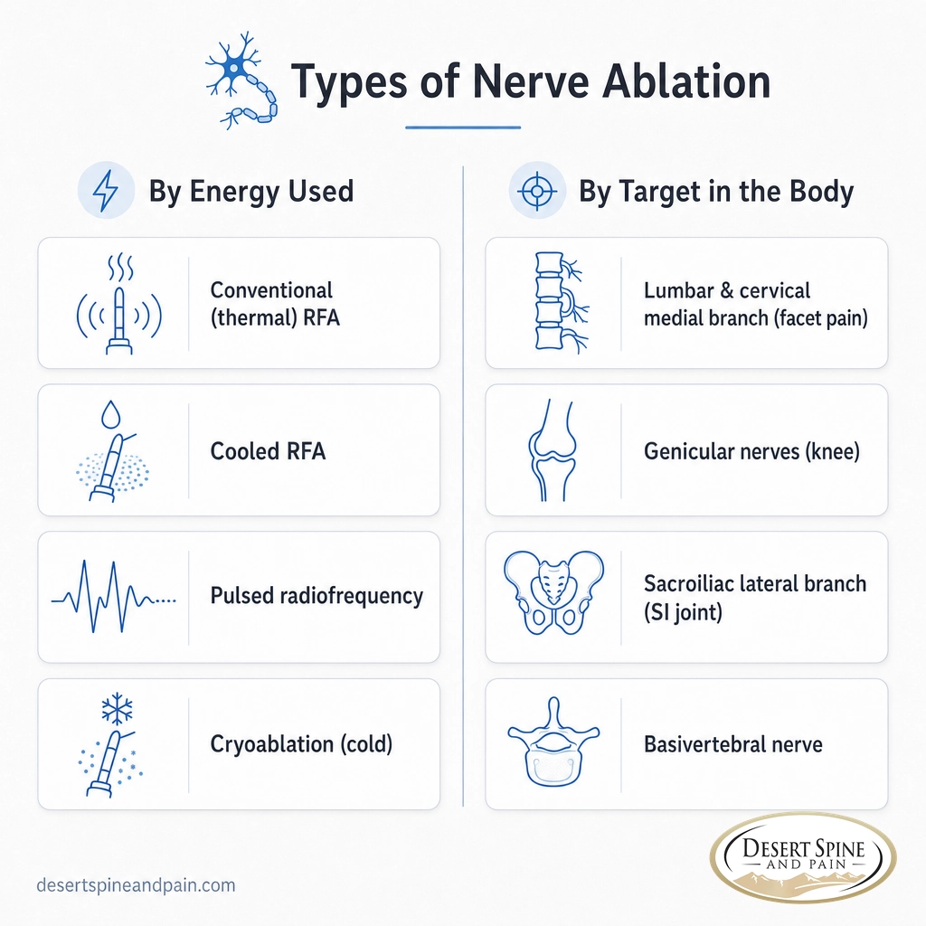 Infographic of nerve ablation types organized by energy used and by nerve target in the body