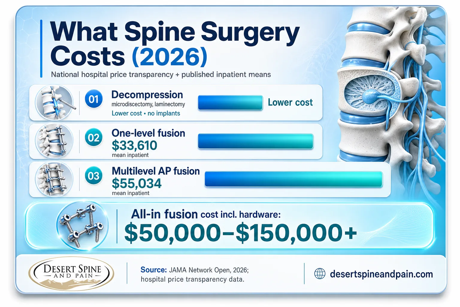 Infographic of 2026 spine surgery costs: one-level fusion $33,610, multilevel AP fusion $55,034, all-in $50K-150K+