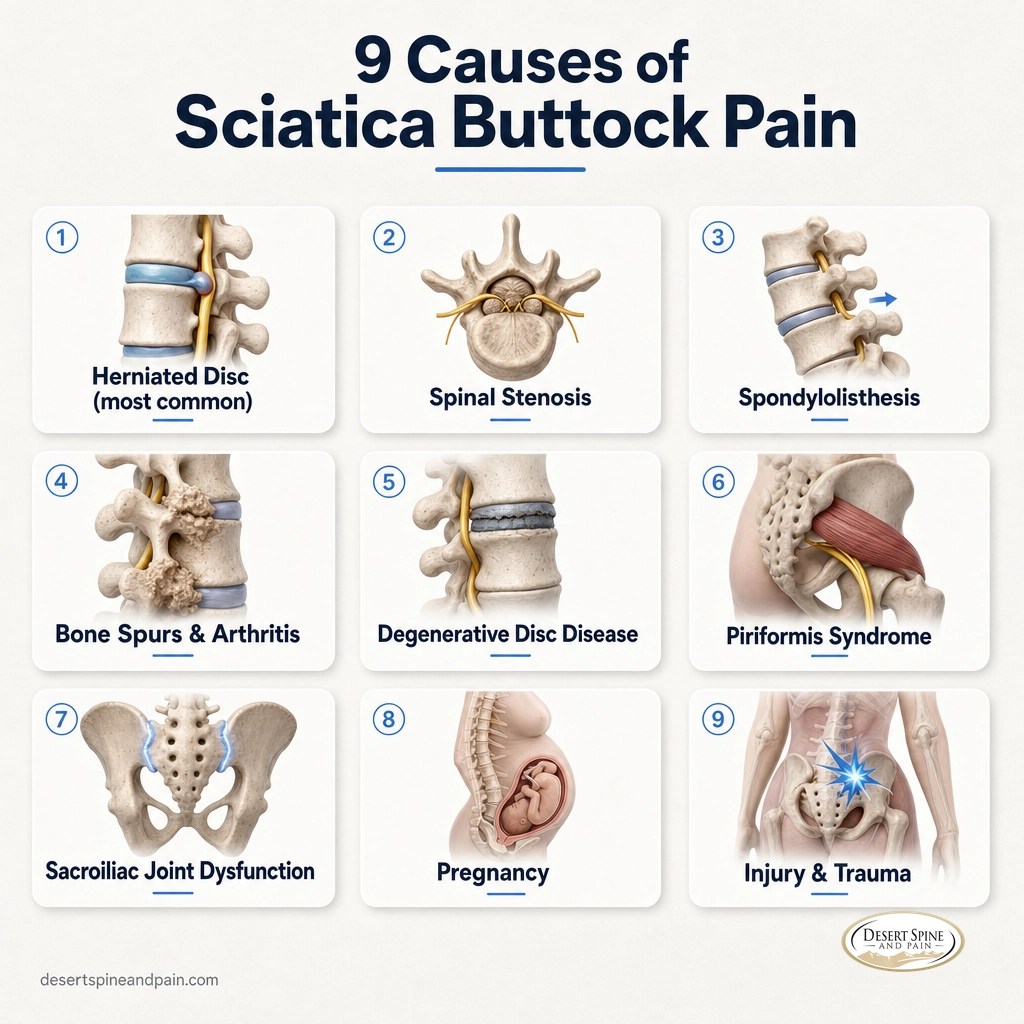 Card grid of the nine main causes of sciatica buttock pain from herniated disc to injury