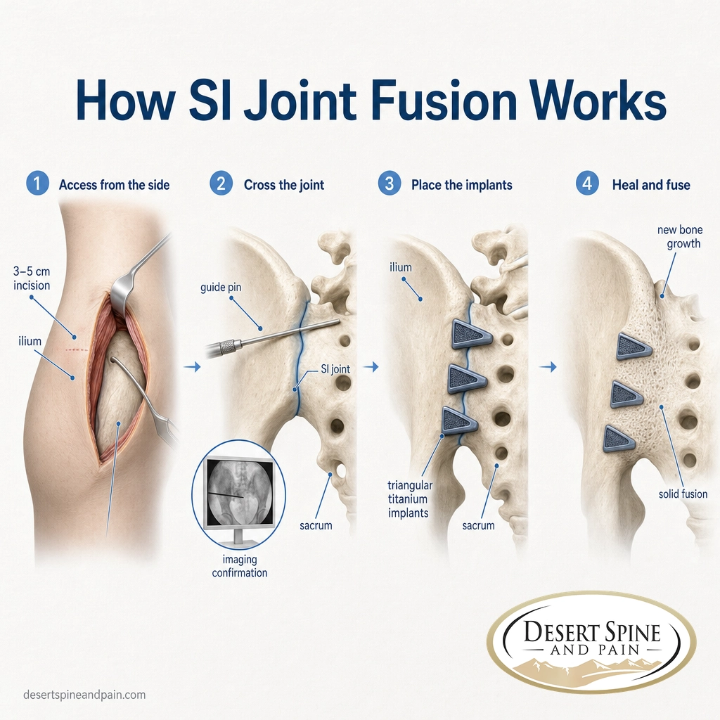Four-step diagram of minimally invasive SI joint fusion: side access, guide pin, titanium implants, and bone fusion Four-step diagram of minimally invasive SI joint fusion: side access, guide pin, titanium implants, and bone fusion