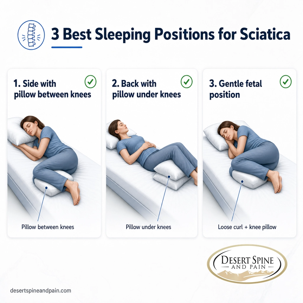 Infographic of three sciatica sleeping positions: side with knee pillow, back with knee pillow, and gentle fetal Infographic of three sciatica sleeping positions: side with knee pillow, back with knee pillow, and gentle fetal