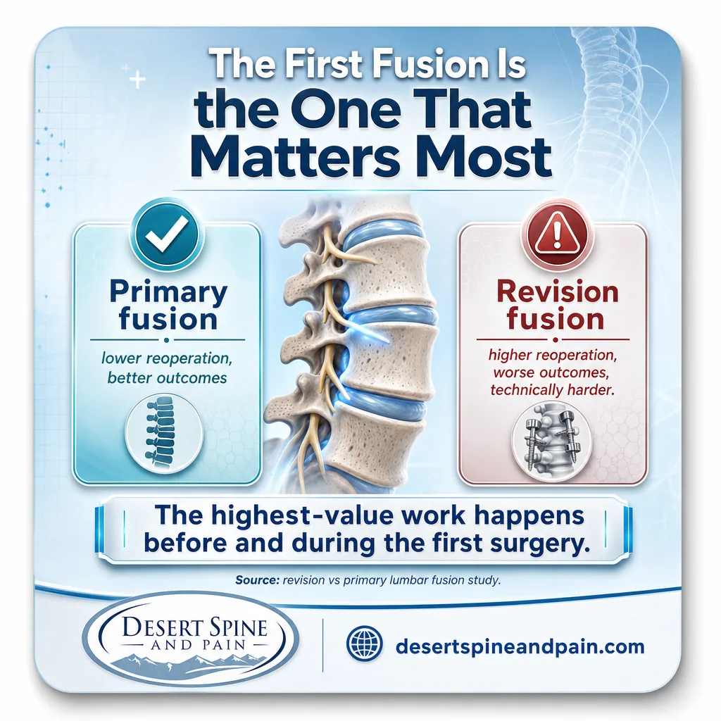 Infographic comparing primary and revision fusion showing revision has worse outcomes