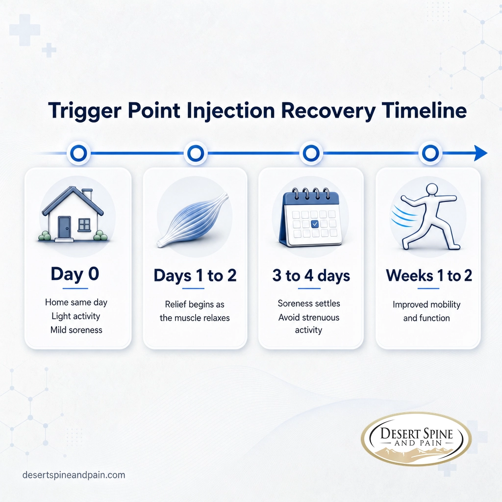 Recovery timeline after a trigger point injection from day zero to weeks one and two