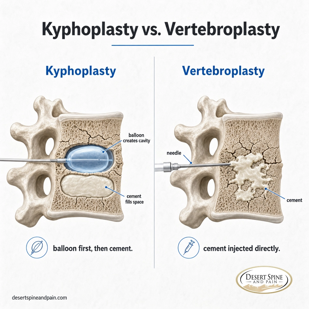 Side-by-side diagram comparing kyphoplasty with a balloon step to vertebroplasty injecting cement directly