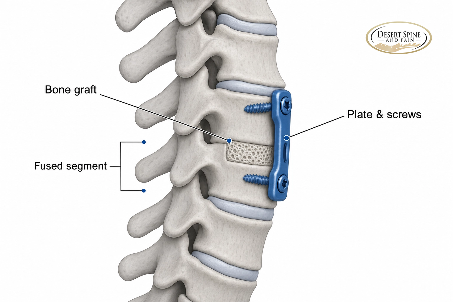 Cervical spine diagram showing two vertebrae fused with a bone graft and a plate with screws