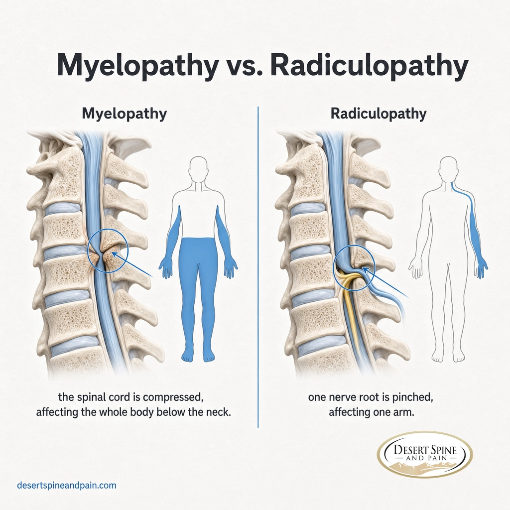 Side-by-side diagram comparing spinal cord compression in myelopathy to single nerve-root compression in radiculopathy Side-by-side diagram comparing spinal cord compression in myelopathy to single nerve-root compression in radiculopathy