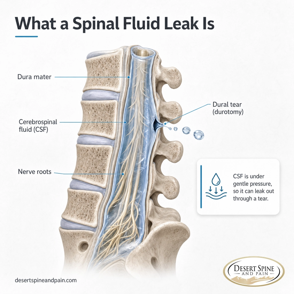 Diagram of the dura membrane around the spinal cord with a dural tear leaking cerebrospinal fluid Diagram of the dura membrane around the spinal cord with a dural tear leaking cerebrospinal fluid