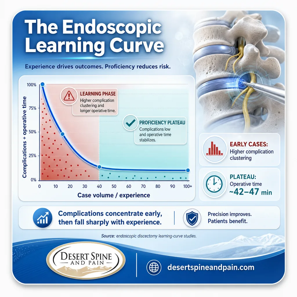 Line chart showing endoscopic spine surgery complications falling as surgeon experience increases Line chart showing endoscopic spine surgery complications falling as surgeon experience increases