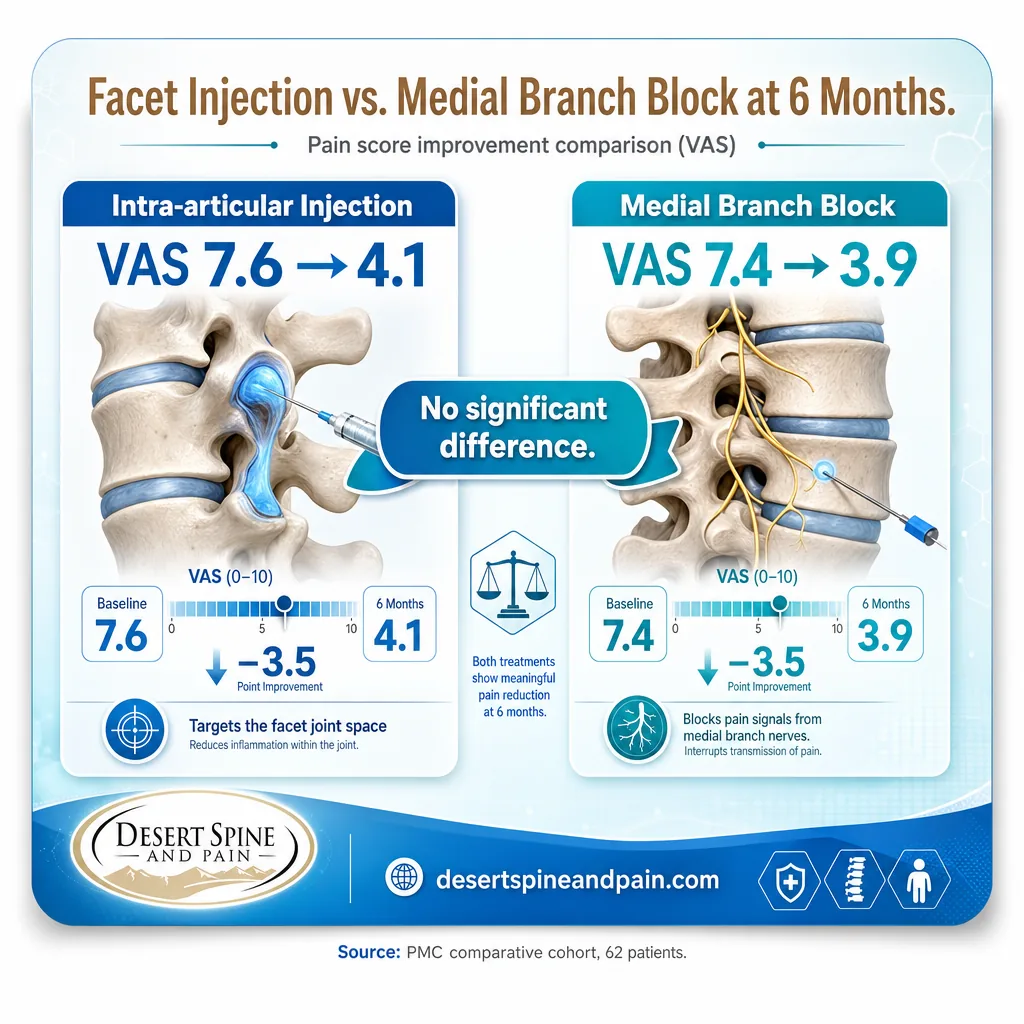 Comparison infographic showing facet injection and medial branch block produce similar VAS improvement at 6 months Comparison infographic showing facet injection and medial branch block produce similar VAS improvement at 6 months
