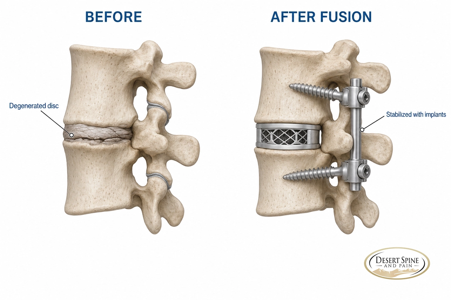 Before and after diagram of lumbar fusion showing a degenerated disc stabilized with implants