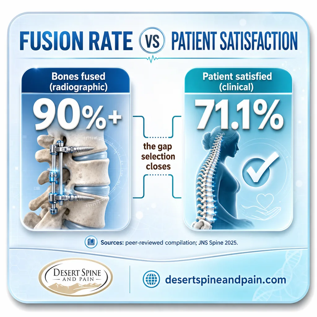 Split infographic showing over 90 percent radiographic fusion rate versus 71 percent patient satisfaction Split infographic showing over 90 percent radiographic fusion rate versus 71 percent patient satisfaction