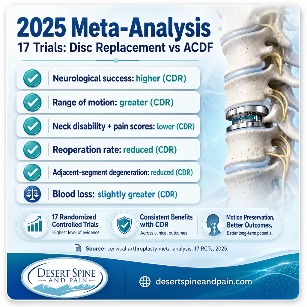 Infographic summarizing 2025 meta-analysis outcomes favoring cervical disc replacement over ACDF Infographic summarizing 2025 meta-analysis outcomes favoring cervical disc replacement over ACDF