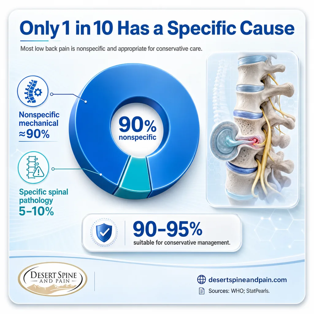 Donut chart showing 90 percent of low back pain is nonspecific and only 5-10 percent has a specific cause
