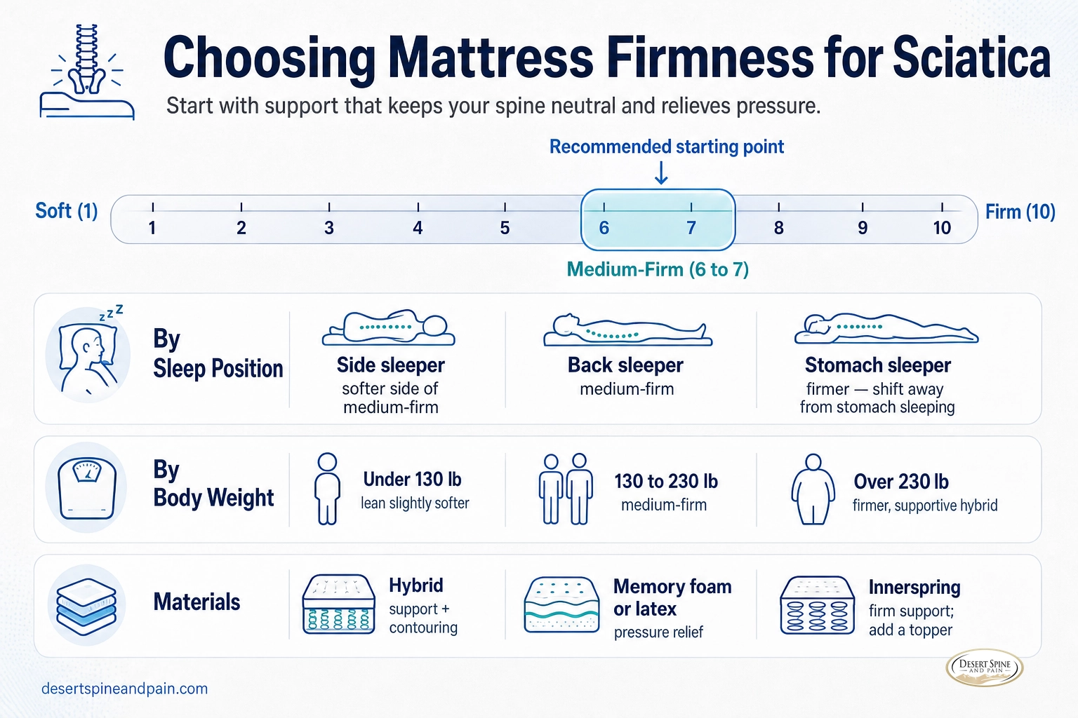 Guide showing medium-firm as the sciatica sweet spot with adjustments for sleep position, body weight, and material