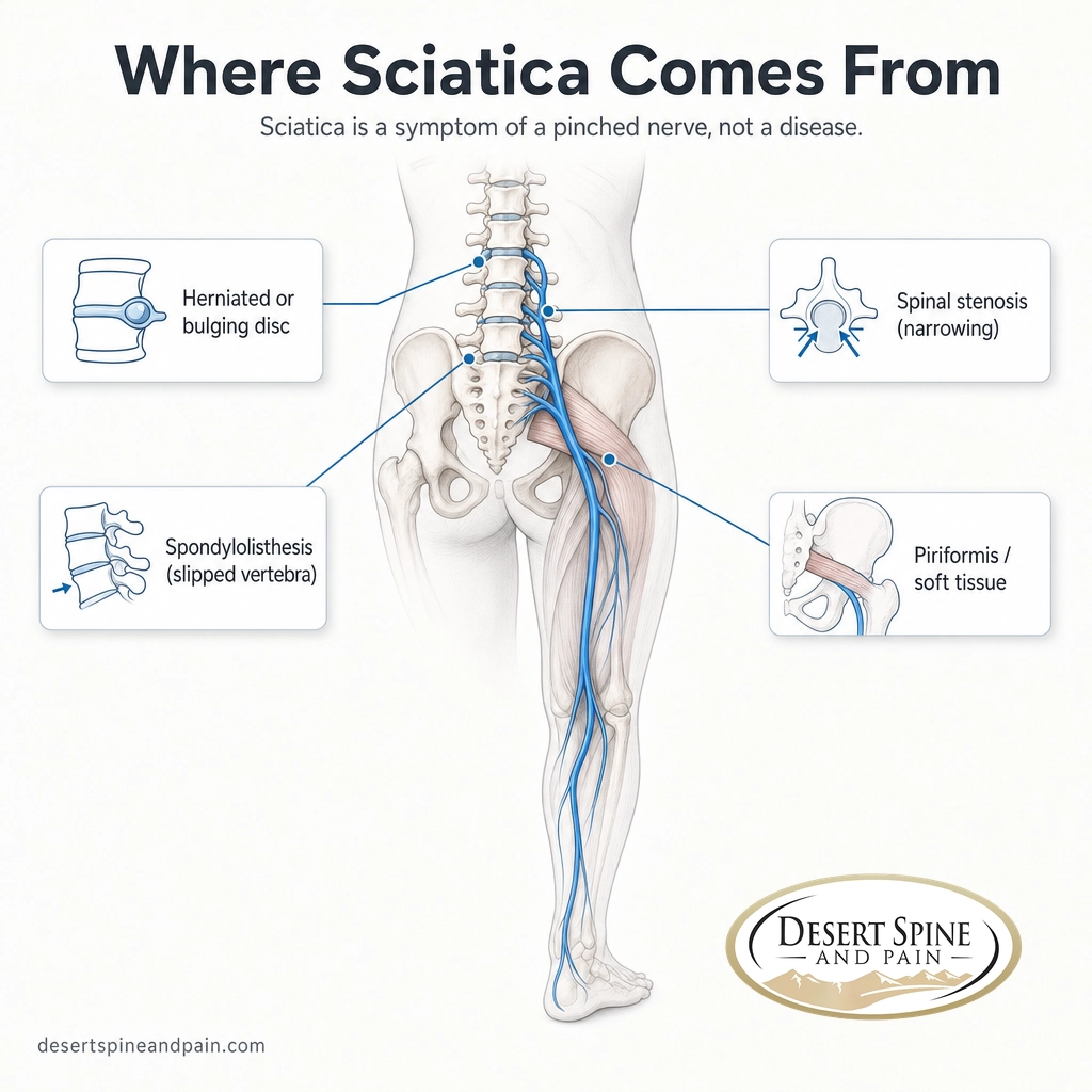 Infographic of the sciatic nerve and four common causes of sciatica in the lower spine